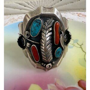Vintage Navajo Heavy Cast Sterling cuff Bracelet Turquoise Coral